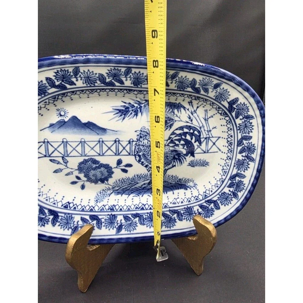 Vintage Flow Blue White Chinese Rooster Bread Platter - Just Displayed - EUC